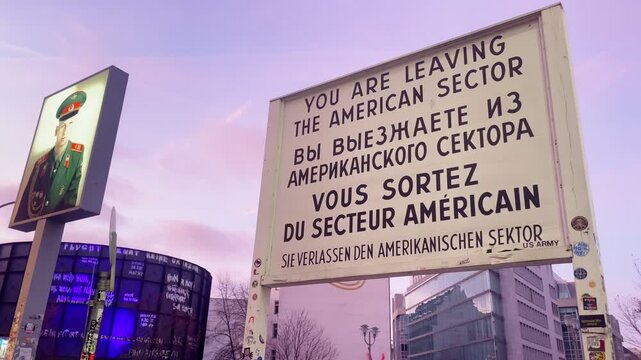 Checkpoint Charlie sign marking historic border crossing in Berlin city