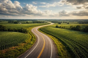 Naklejka premium Winding endless highway amid rich verdant farmland below a vast cloudy sky copy space