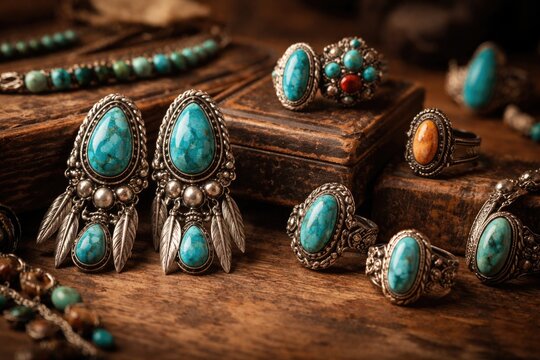 Turquoise cuff earrings and vintage antique rings Southwestern jewelry display with open copy space
