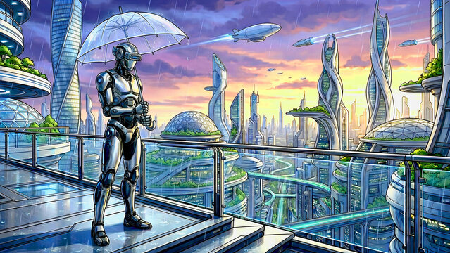 Futuristic Robot Character Holding Transparent Umbrella in a Rainy Cyberpunk City