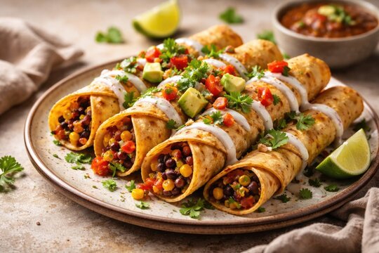 Flavorful vegetarian flautas rolled in corn tortillas on copy space background