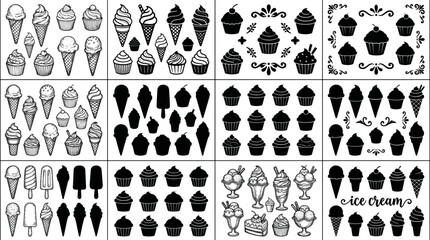 Fototapeta premium Black Silhouette Ice Cream and Cupcake Collection Set with Cone Popsicle Sundae and Muffin Icons for Sweet Dessert and Bakery Design