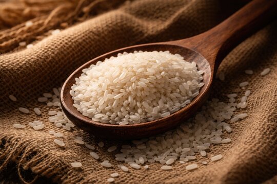 Sack cloth backdrop featuring wooden spoon carrying raw rice kernels
