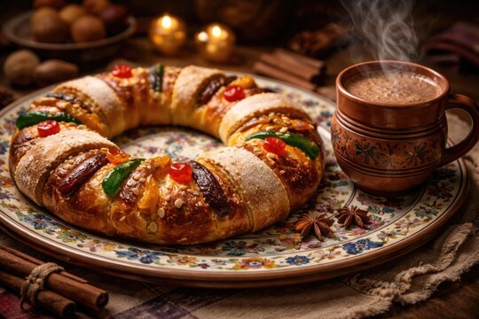 Handmade plate holding festive rosca de reyes accompanied by steaming hot chocolate