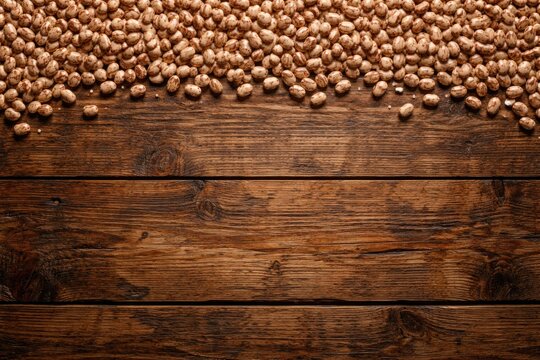 Rustic wooden panel texture with pinto beans arranged overhead copy space