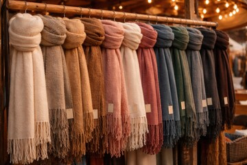 Obraz premium Warm alpaca scarves displayed neatly on a market hanging rod
