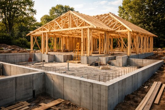 House construction site highlighting concrete wall foundations and timber roof skeleton
