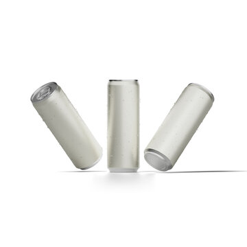 Several metallic soda cans with black labels and blue accents are displayed against a white background. The cans are shown from various angles, some tilted and others upright.