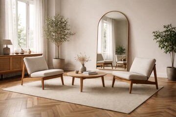 Fototapeta premium Wooden parquet floored living room with minimalist chair and mirror for informal meetings