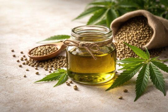 Organic hemp oil jar with seeds and leaves on a gently textured light surface featuring copy space