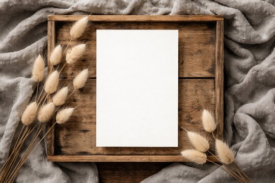 Social media mockup with paper sheet on wooden box adorned by rabbit tail and grey blanket in flat lay