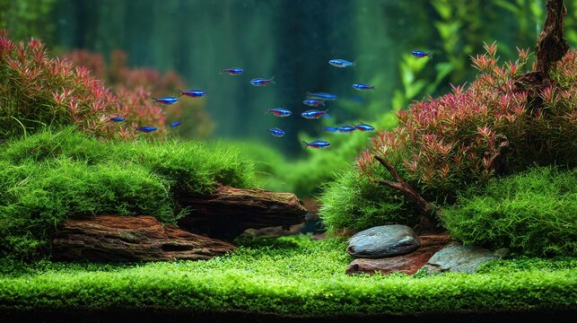 Isolated front-view of a lush freshwater aquascape with live plants, moss-covered driftwood, rounded stones, and a school of blue neon tetras