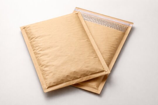 Two protective padded mailers with bubble wrap placed flat on a minimalist background