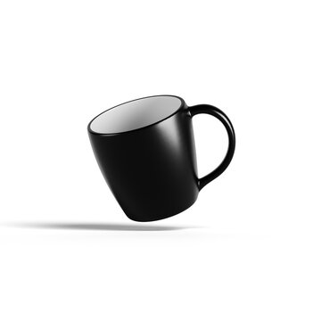 Multiple black ceramic coffee mugs with a blue circular logo are arranged against a white background. Some mugs are shown from different angles and perspectives.