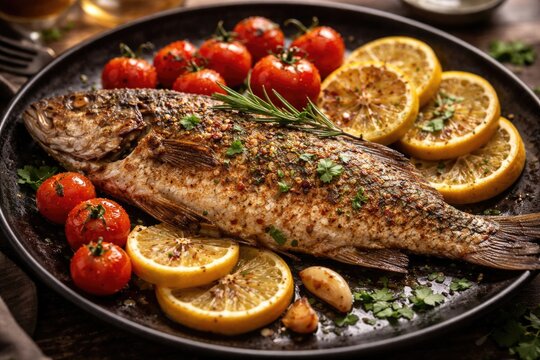 Delicious fried bass fish served alongside lemon slices and cherry tomatoes