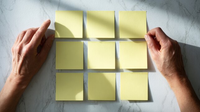 Hands arranging sticky notes in a grid, symbolizing organization and planning. The scene suggests a structured approach to tasks or ideas, ideal for business and project management concepts.