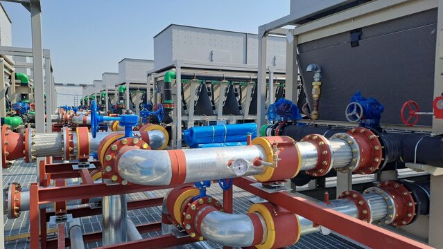 industrial cooling system and piping network on the rooftop of a modern data center under construction