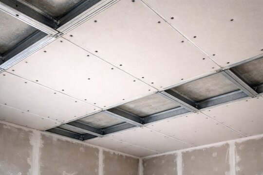 Suspended ceiling made of drywall fixed by screws on metal framework with copy space