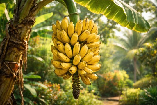 Tropical ripe banana cluster on Musa tree in peaceful outdoor space