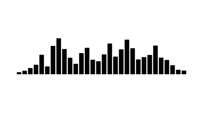 Black sound wave equalizer bars on white background, audio visualization