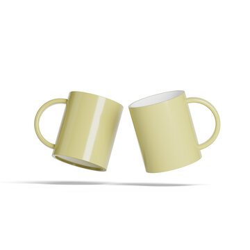 Multiple light yellow ceramic coffee mugs are displayed against a clean white background. Each mug features a blue graphic design with circular elements.