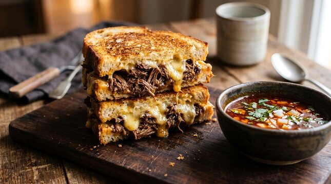 Shredded Beef Birria Grilled Cheese Sandwich with Consome Dipping Soup Vector