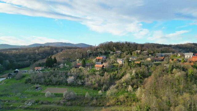 Serene aerial view flying towards a quaint village on a picturesque hillside, showcasing traditional houses surrounded by verdant forests and beautiful blossoming trees under a partly cloudy sky