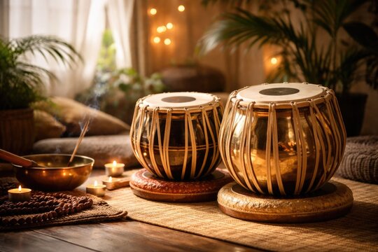 Musical Indian tabla instrument in serene chill out area