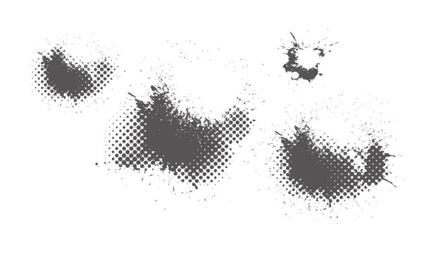Dark grey ink splatters with halftone dots white paint splash grunge