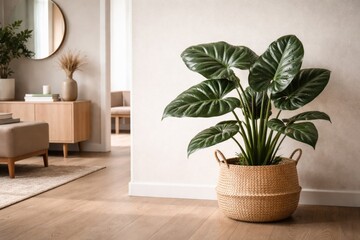 Fototapeta premium Modern indoor environment with a woven basket containing an Alocasia Wentii plant and copy space