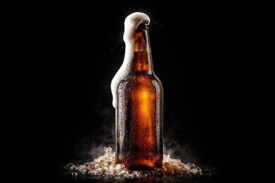 Foaming brown beer bottle highlighted on black background with copy space