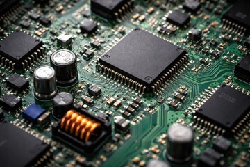 Obraz premium Electronic components on a green circuit board captured in close detail for IT technology business texture