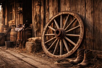 Obraz premium Vintage cowboy era scene including wagon wheel and aged timber planks
