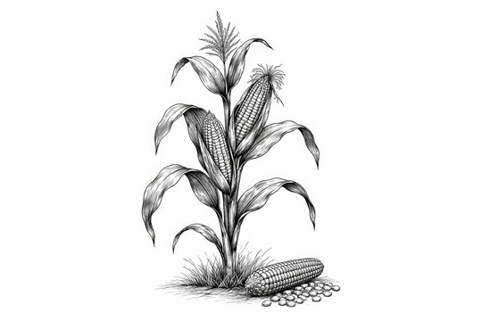 Black contour line hand sketch of corn stalk and grains on clean white backdrop