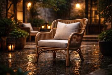 Fototapeta premium Stylish rattan chair placed in a rainy courtyard with soft evening light
