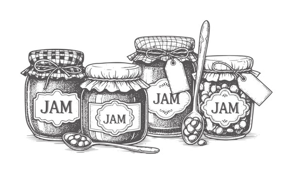 Four glass jars filled with jam and fruit with spoons preserve