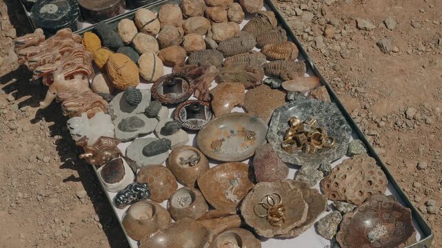 rilobite fossils polished stones rings and carved figurines on display tray on desert ground near Erfoud