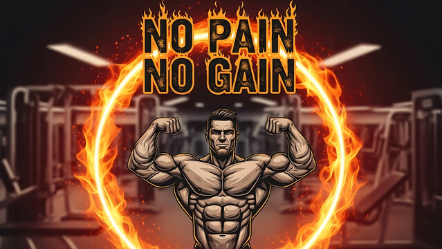 Muscular bodybuilder posing inside a flaming ring with no pain no gain text