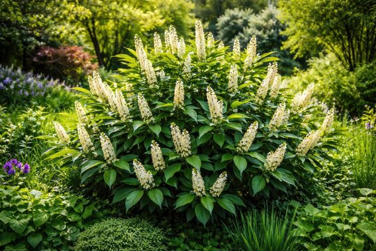 Sharp focused view of flowering cherry laurel shrub surrounded by lush garden vegetation