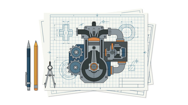 Detailed technical drawing of a combustion engine piston layout on a blue grid paper background accompanied by a wooden pencil and a metallic drafting compass for engineering desig
