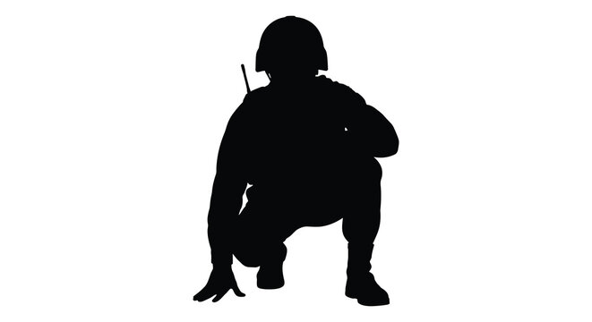 Soldier in combat gear crouching black silhouette high quality professional