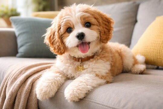 Playful cavapoo dog lying on sofa with affectionate look promoting pet sitting