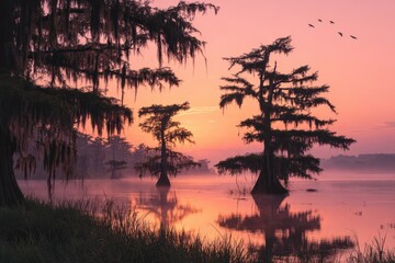 Naklejka premium Golden hour reflections on tranquil swamp water among moss-draped trees