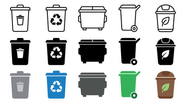 Trash cans recycling bins compost containers and waste management icons are presented in a comprehensive collection, illustrating various designs for environmental sustainability and proper disposal.