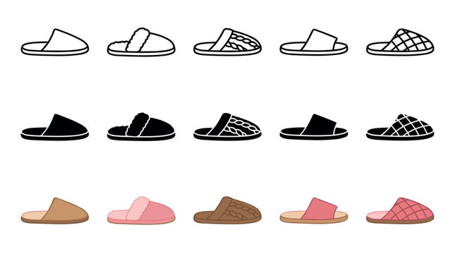 Various styles of comfortable house slippers presented in different design formats including outline, silhouette, and colorful cartoon illustrations for diverse graphic needs.