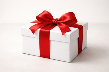 Fototapeta premium red ribbon wrapped white gift box displayed on a clean neutral surface