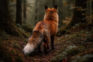 Obraz premium Wild red fox viewed from behind in woodland area