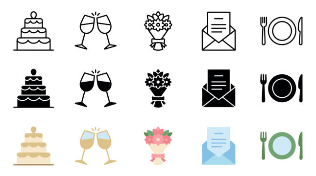 Celebration event party wedding icons representing various festive occasions like anniversaries, engagements, and special dinners, presented in outline, solid, and colorful styles.