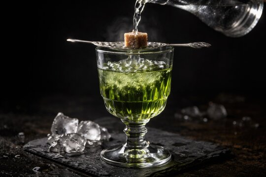 Sophisticated absinthe drink showing ice water flowing over sugar cube in stylish glass with black background