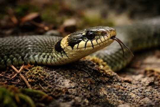 Close up image of a grass snake against a weathered textured background